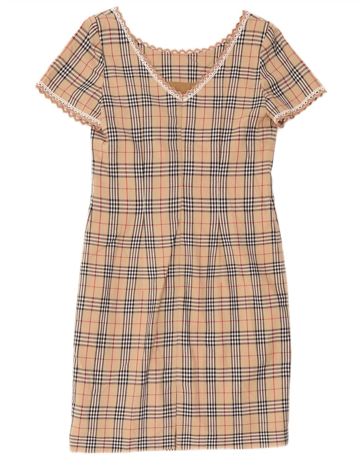 Vintage Kvinders Skede Kjole UK 12 Medium Beige Plaid