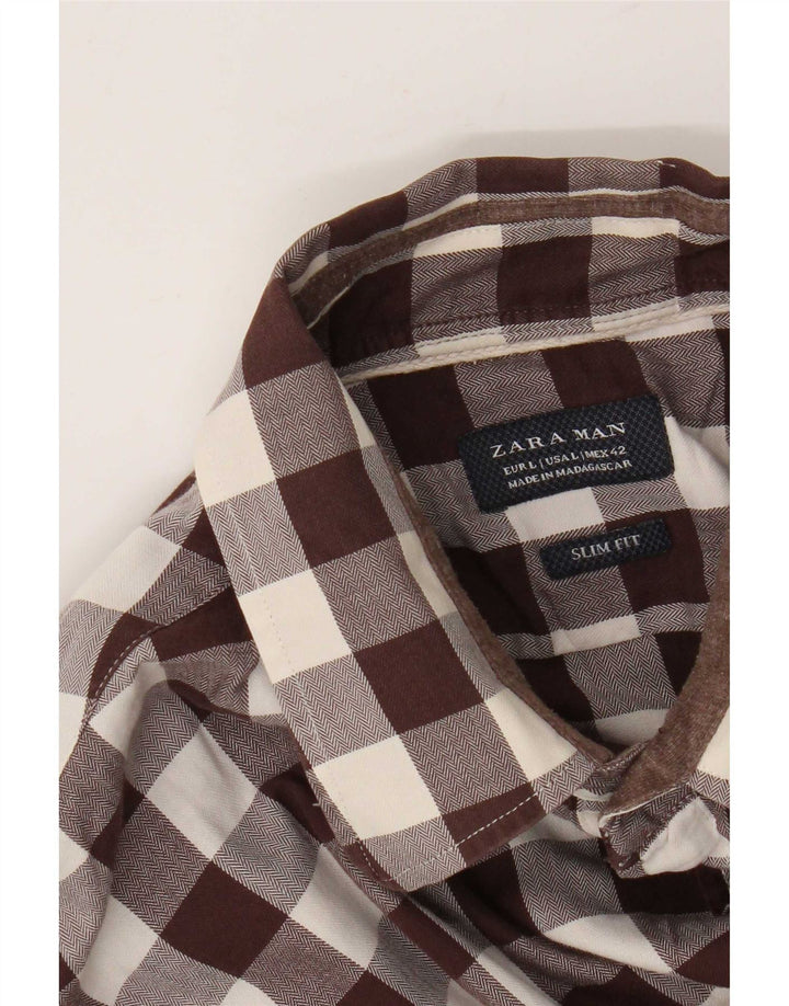 Zara Herre Slim Fit Skjorte Stor Brun Gingham