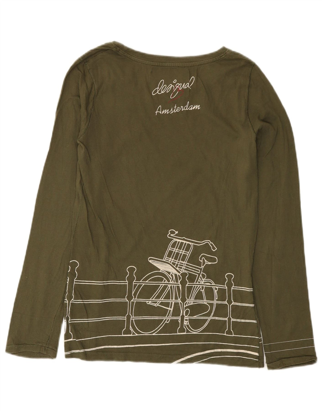 DESIGUAL Dame Grafisk Top Langærmet UK 12 Medium Khaki Bomuld