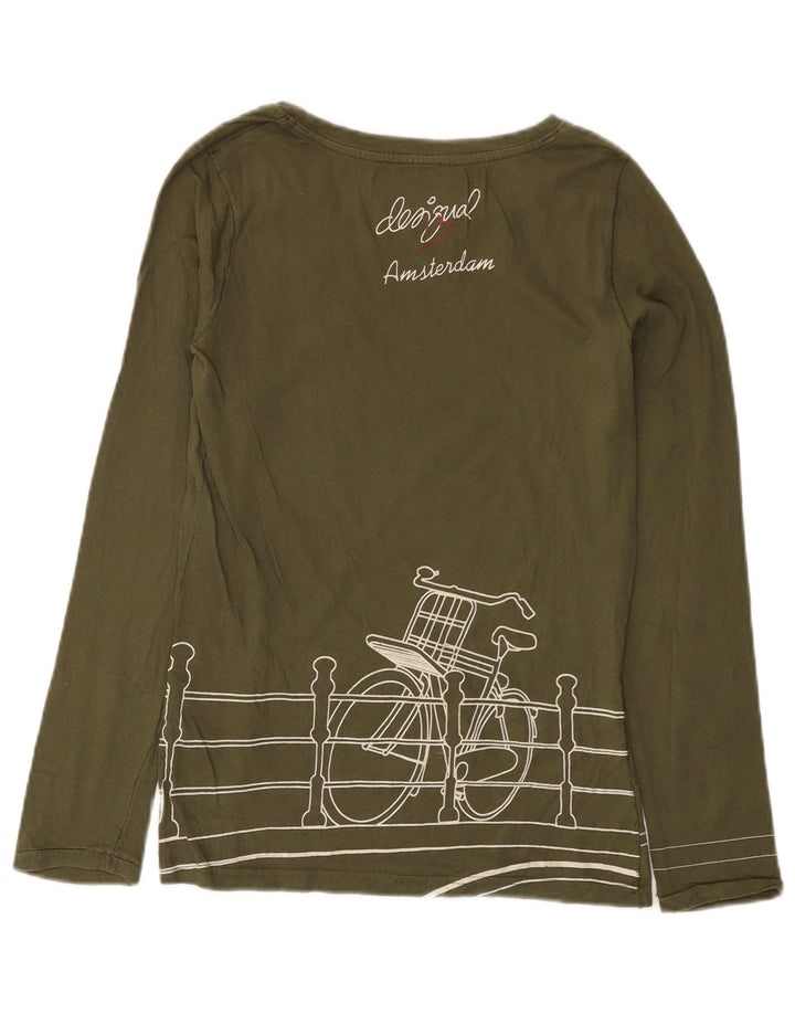 DESIGUAL Dame Grafisk Top Langærmet UK 12 Medium Khaki Bomuld
