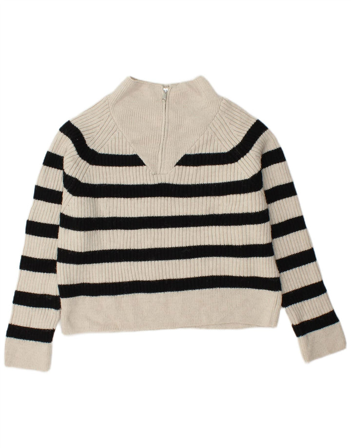 ZARA Womens Zip Neck Jumper Sweater UK 14 Medium White Striped Acrylic