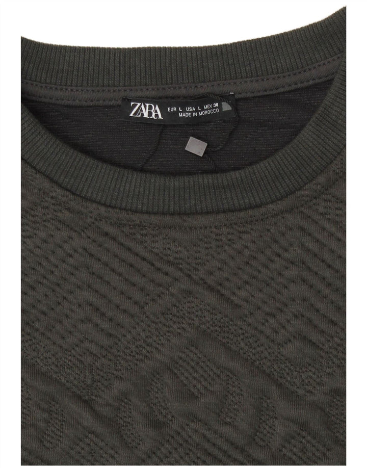 Zara Womens Crop Sweater UK 14 Large Grå Geometrisk Polyester