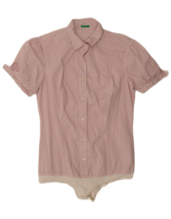 Benetton Womens Shirt Bodysuit UK 14 Medium Pink Pinstripe