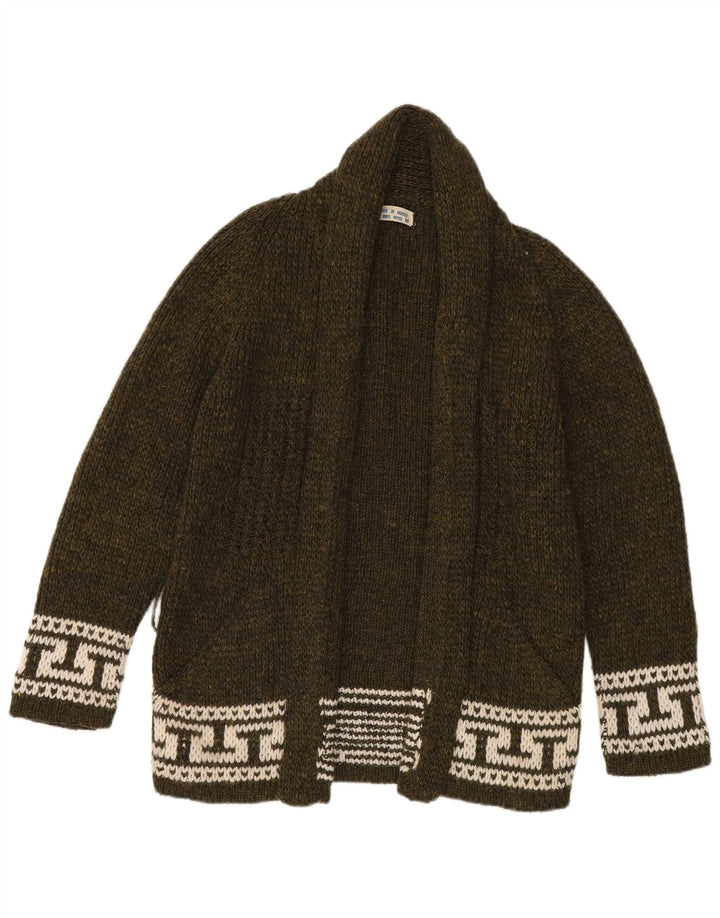 Vintage Dame Open Cardigan Sweater UK 14 Medium Khaki Geometrisk Uld