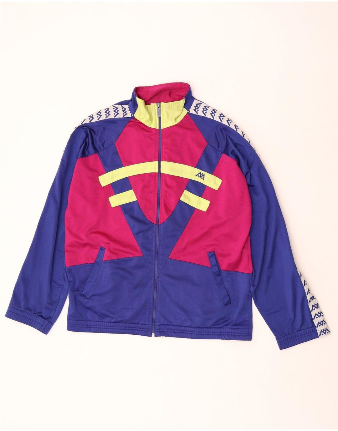 Vintage herre grafisk træningsdragt topjakke stor blå farveblok polyester