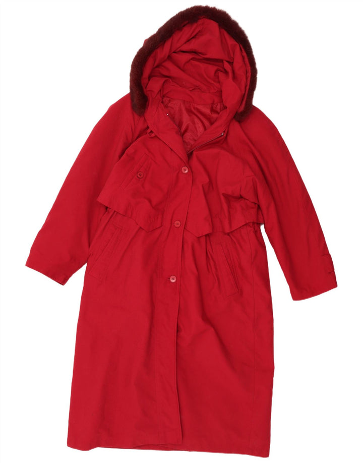 Vintage Trench Coat med hætte til kvinder UK 14 Stor rød polyester