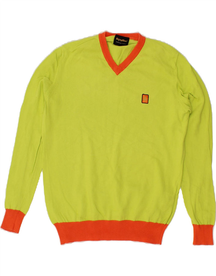 REFRIGIWEAR Womens V-Neck Jumper Sweater UK 14 Medium Green Colourblock Vintage Refrigiwear and Second-Hand Refrigiwear from Messina Hembry 