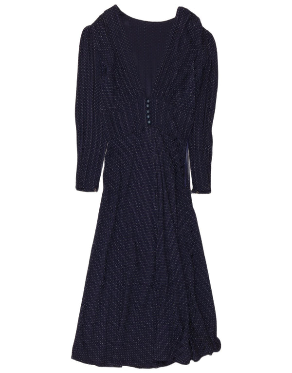 Vintage Dame Langærmet Maxi Kjole UK 8 Small Navy Blue Spotted