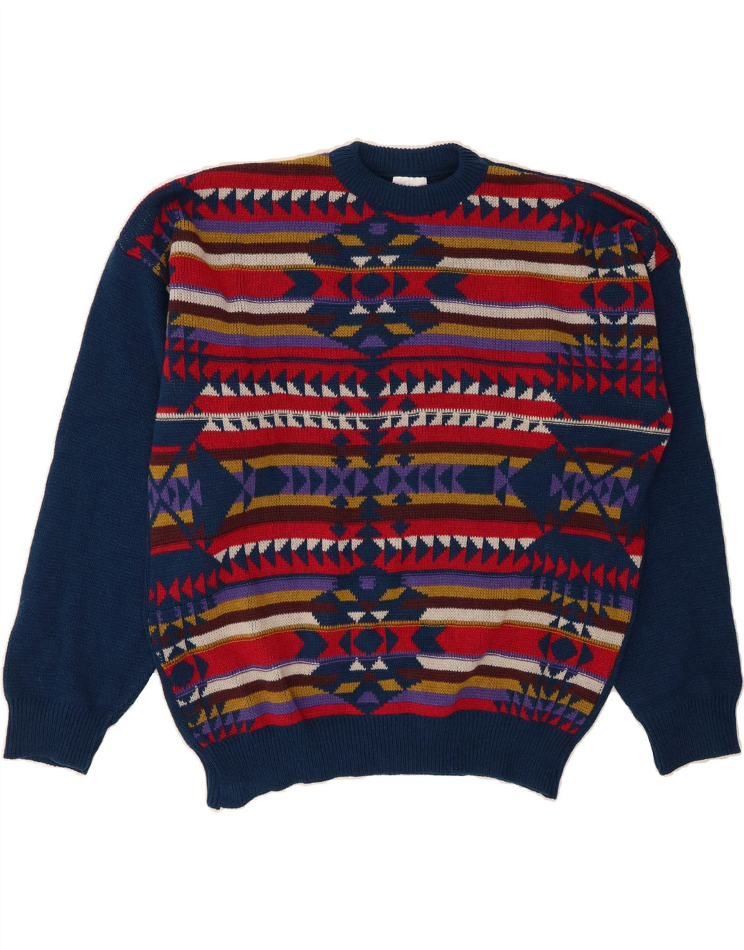 PERSONA Mens Crew Neck Jumper Sweater Large Navy Blue Geometric Acrylic Vintage Persona and Second-Hand Persona from Messina Hembry 