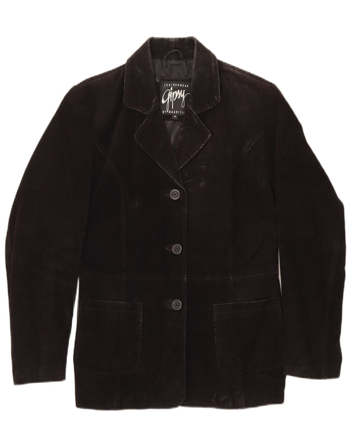 GYPSY Dame 3-knaps Ruskind Blazer Jacket UK 14 Medium Sort Læder