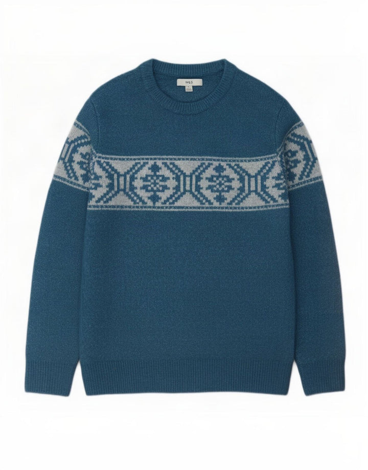 Marks & Spencer Herre Boat Neck Jumper Sweater Medium Blue Fair Isle Akryl