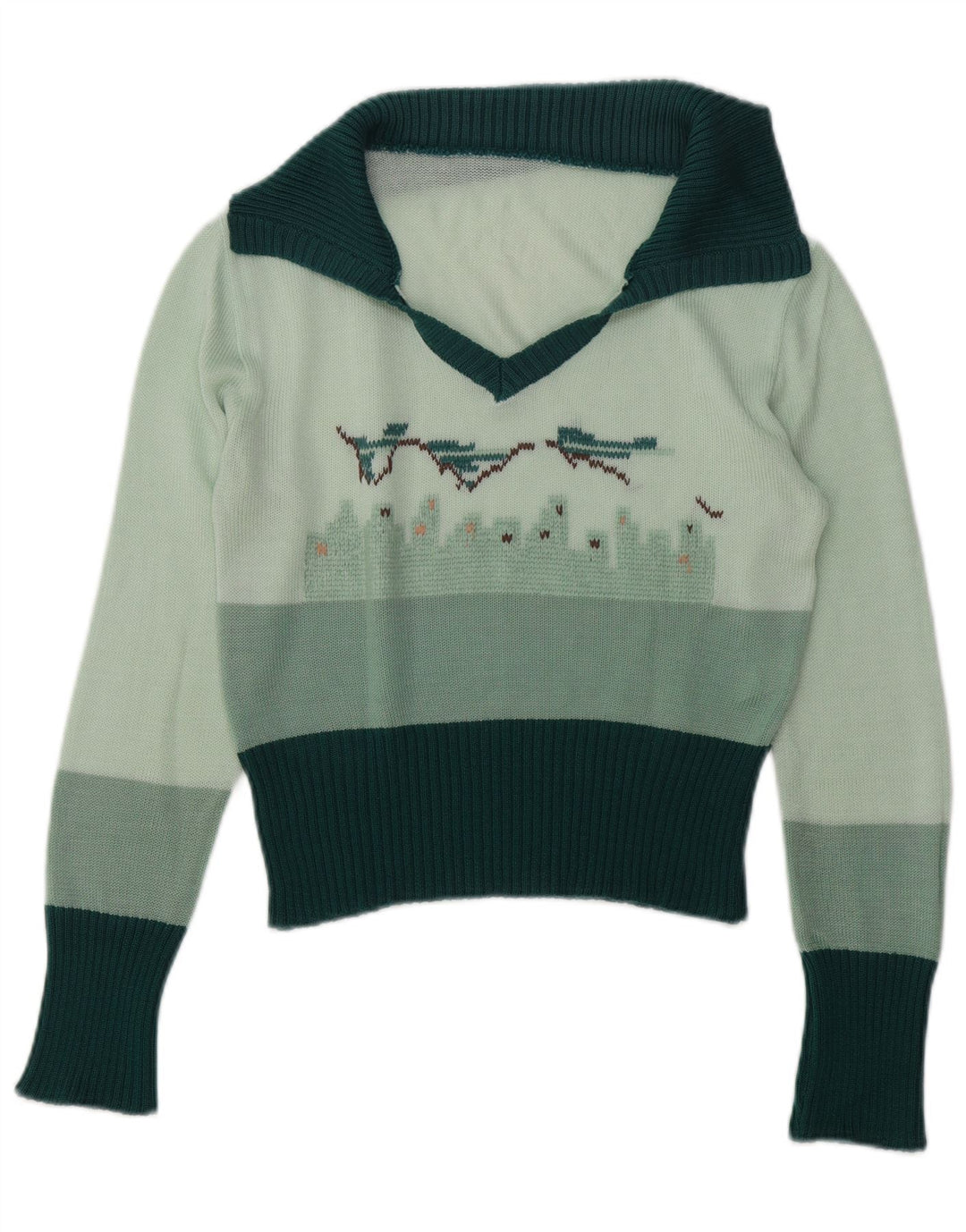 Vintage Dame Grafisk Polo Neck Jumper Sweater UK 14 Medium Green