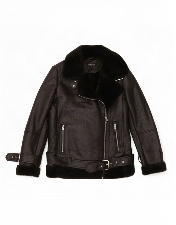 Topshop Dame Oversized Sherpa Faux Læder Biker Jacket UK 8 Small Black