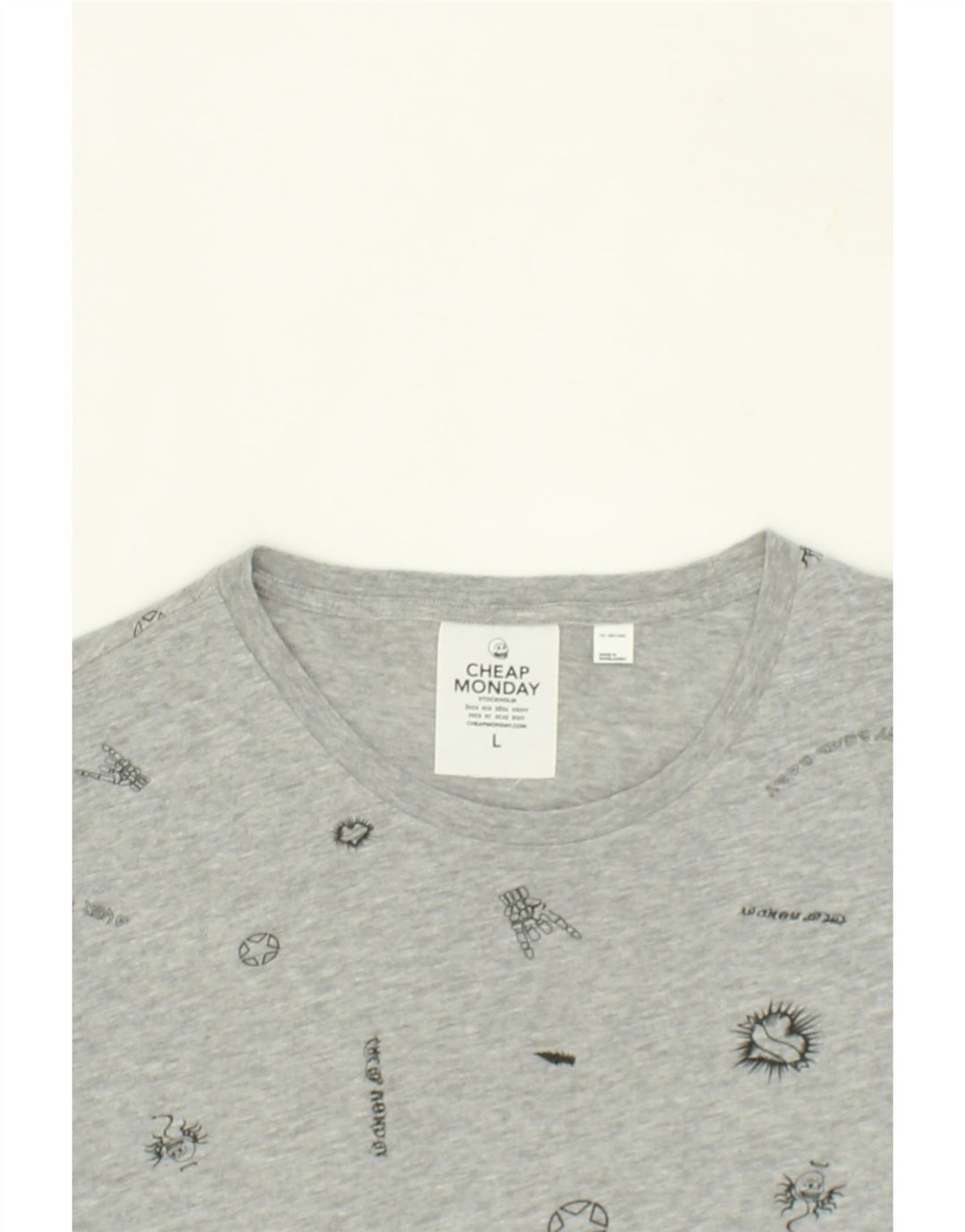 CHEAP MONDAY Mens Graphic T-Shirt Top Large Grey Spotted Cotton Vintage Cheap Monday and Second-Hand Cheap Monday from Messina Hembry 