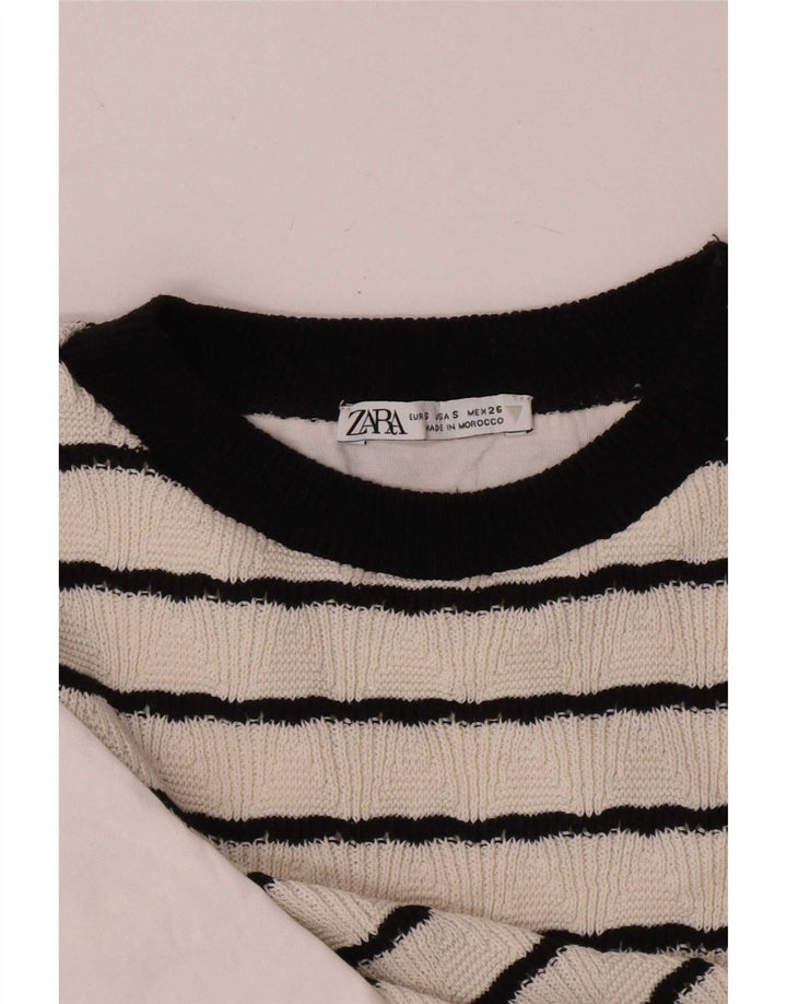 Zara Dame Crop Bluse Top UK 10 Lille hvid stribet bomuld