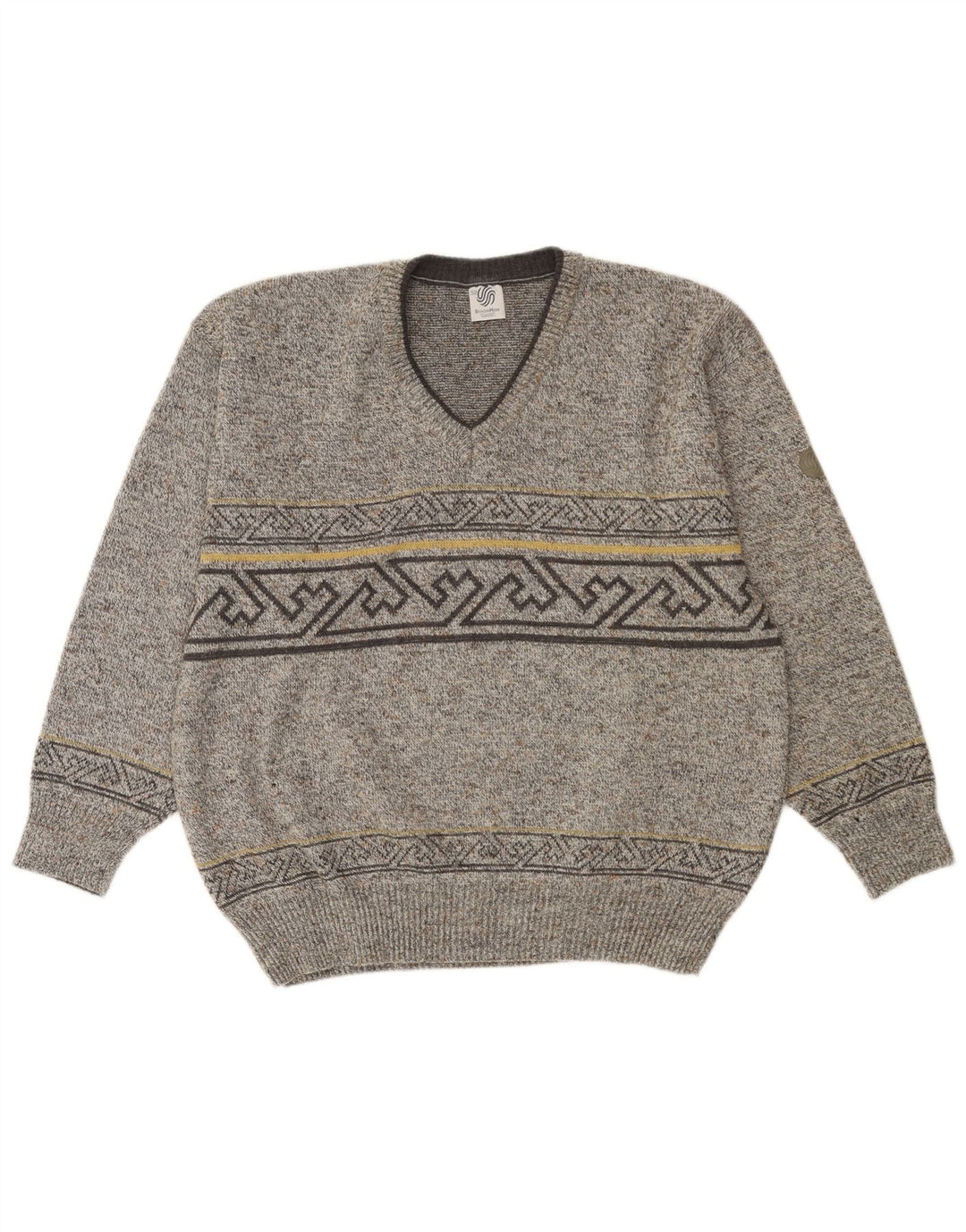 VINTAGE Herre V-hals sweater IT 52 Stor Grå Geometrisk Uld