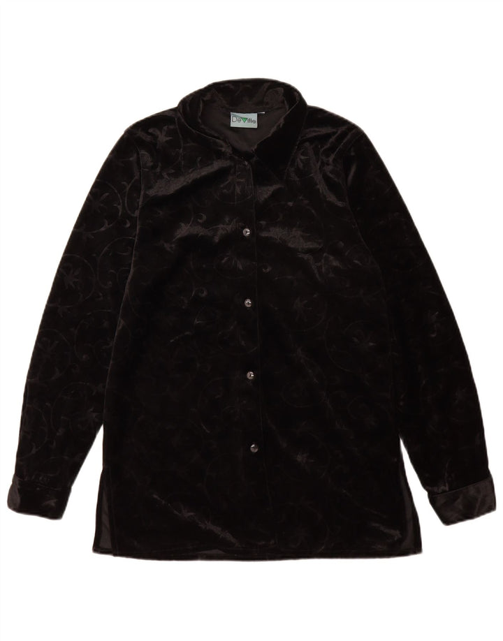 Vintage dame velour skjorte bluse UK 12 Medium Black Paisley Polyester