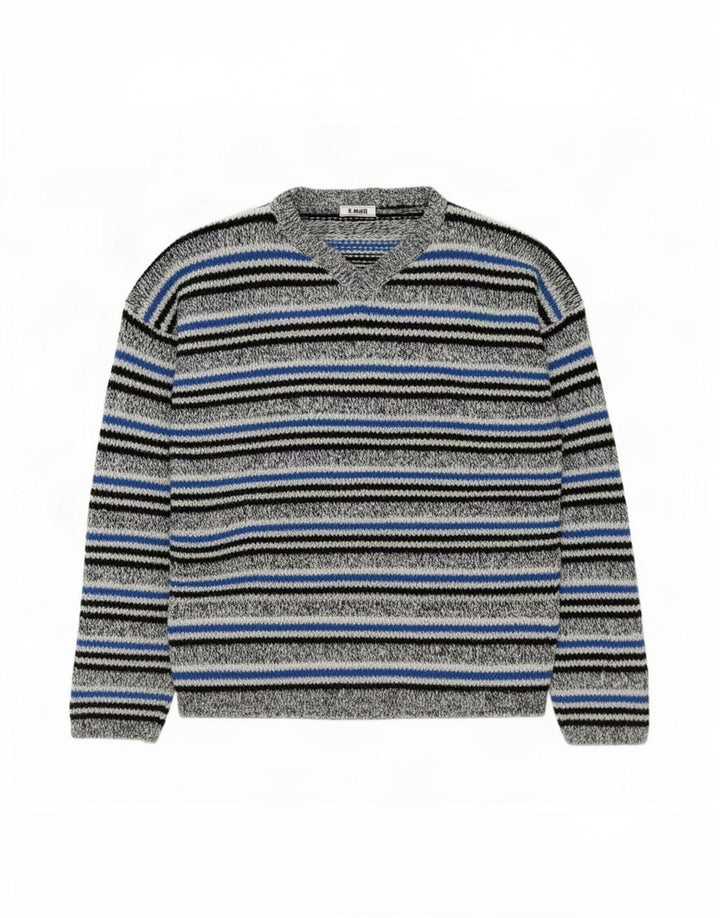 Vintage herre V-hals sweater mellem grå stribet