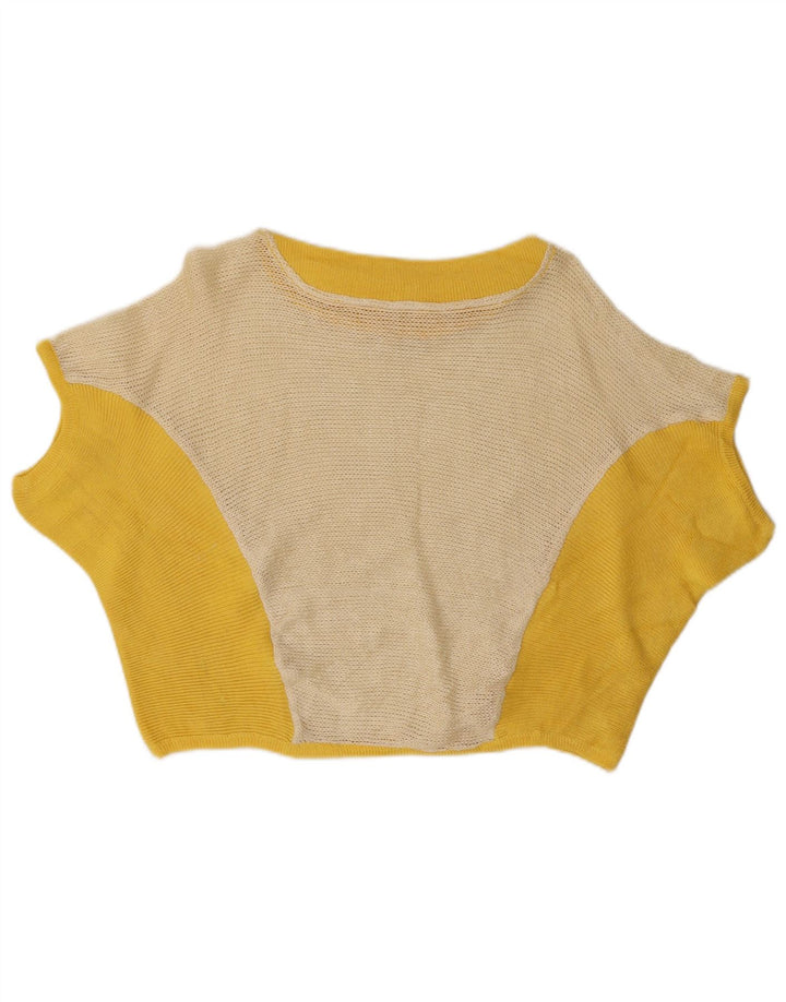 Vintage Kvinders Crop Knit Bluse Top UK 12 Medium Yellow Colourblock