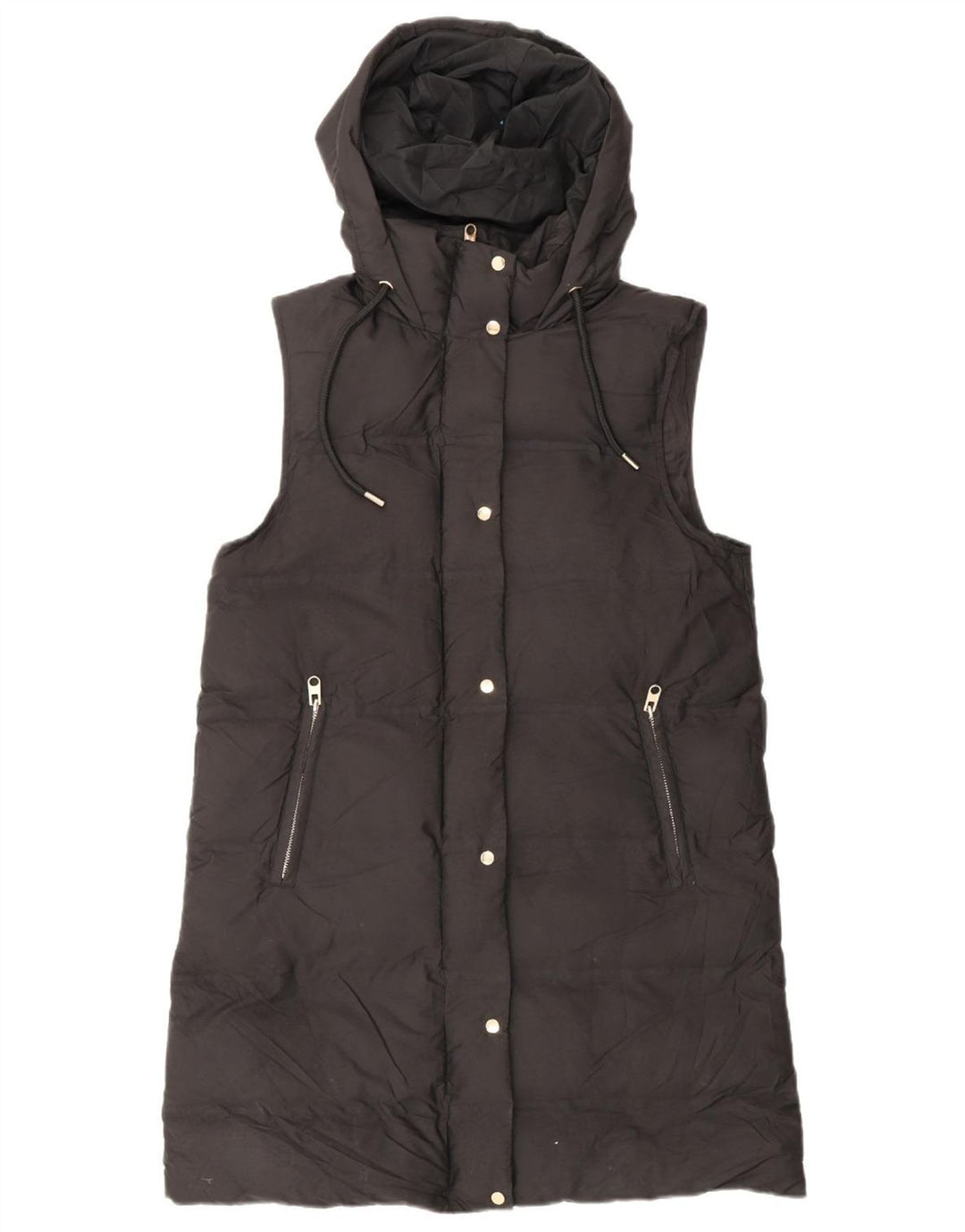 Zara Dame Hætte Ærmeløs Polstret Frakke UK 14 Medium Sort Polyester