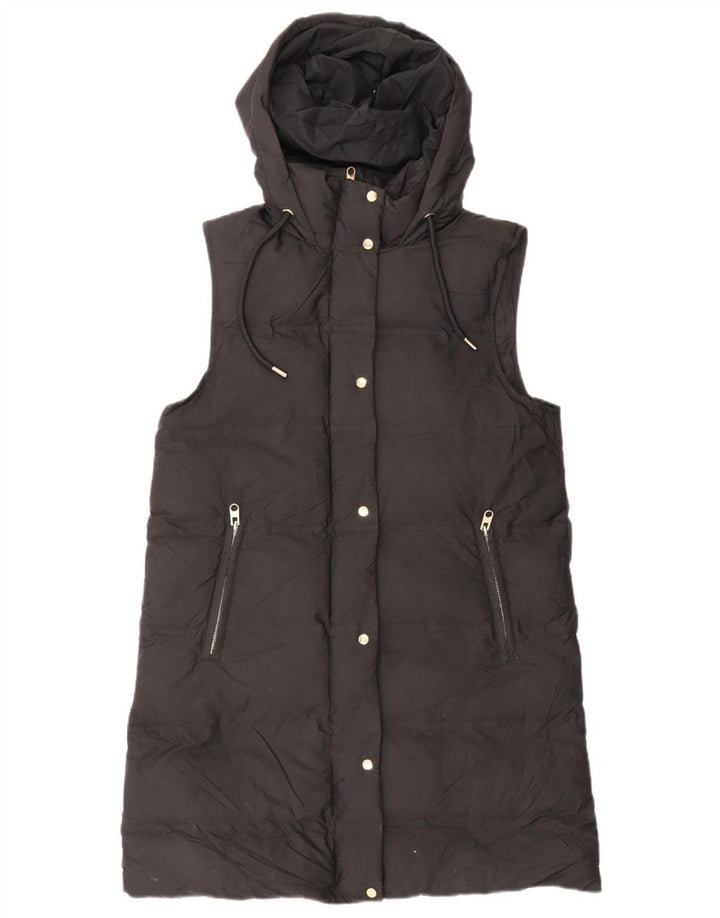 Zara Dame Hætte Ærmeløs Polstret Frakke UK 14 Medium Sort Polyester