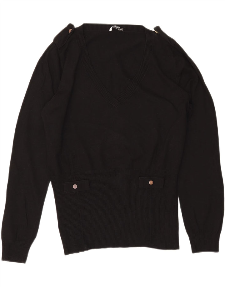 MARELLA Militær V-hals sweater til kvinder UK 20 2XL Sort viskose