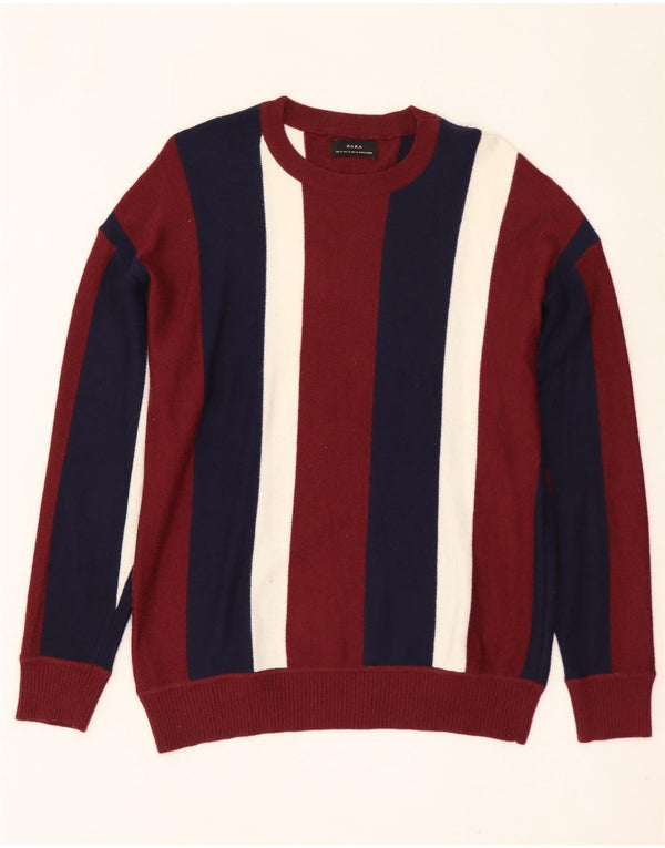 ZARA sweater med rund hals til mænd Medium Burgund stribet nylon