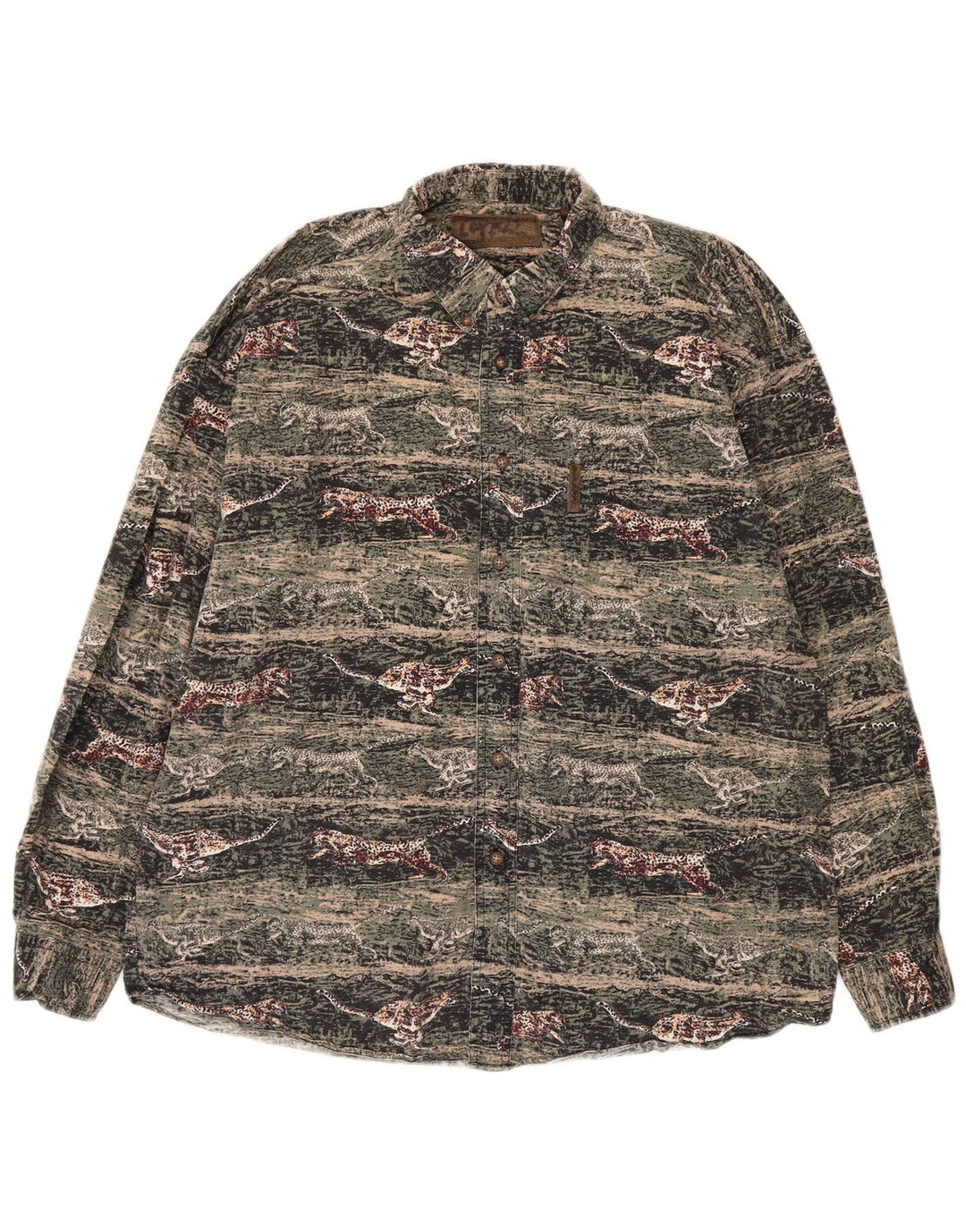 VINTAGE Herre flannelskjorte Stor grøn dyreprint bomuld