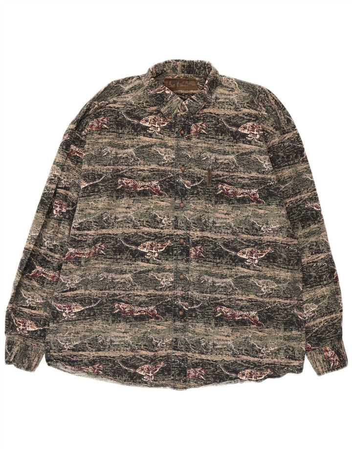 VINTAGE Herre flannelskjorte Stor grøn dyreprint bomuld