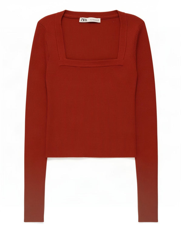Zara Womens Crop Top Langærmet UK 8 Small Burgundy Viscose