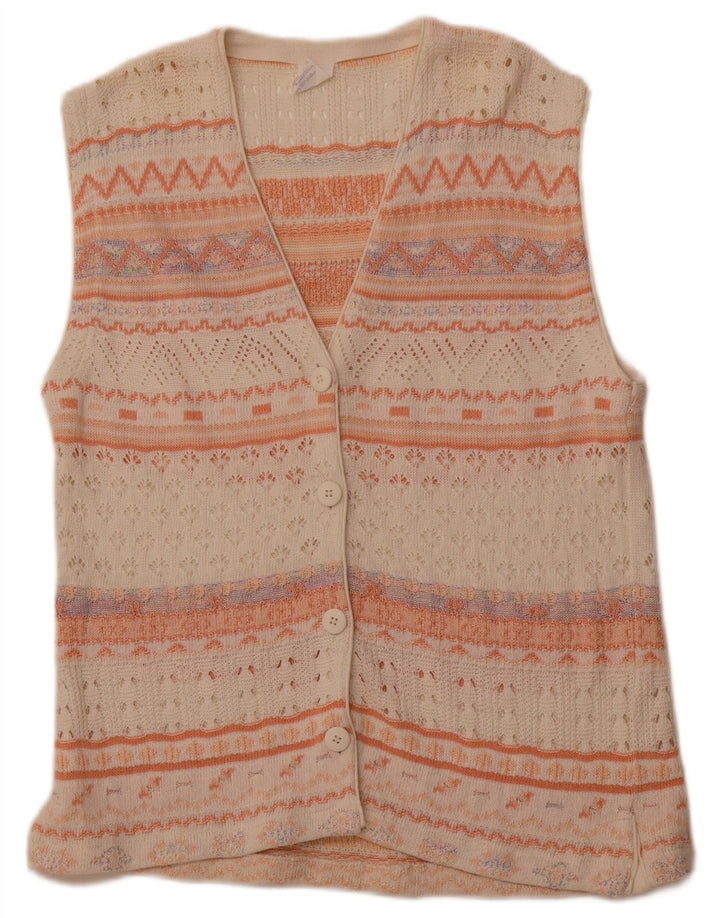 VINTAGE Dame ærmeløs cardigan sweater UK 14 Medium White Geometric