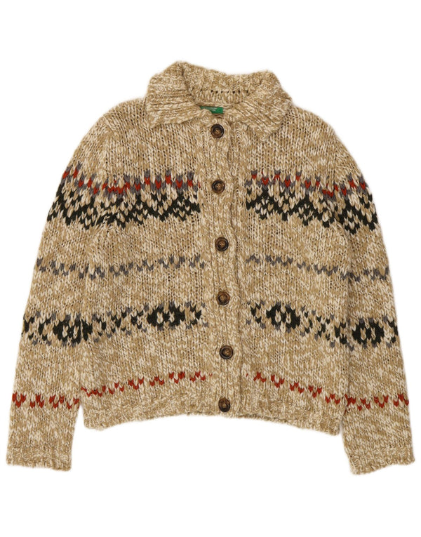 Benetton Dame Cardigan Sweater UK 14 Medium Green Fair Isle Wool