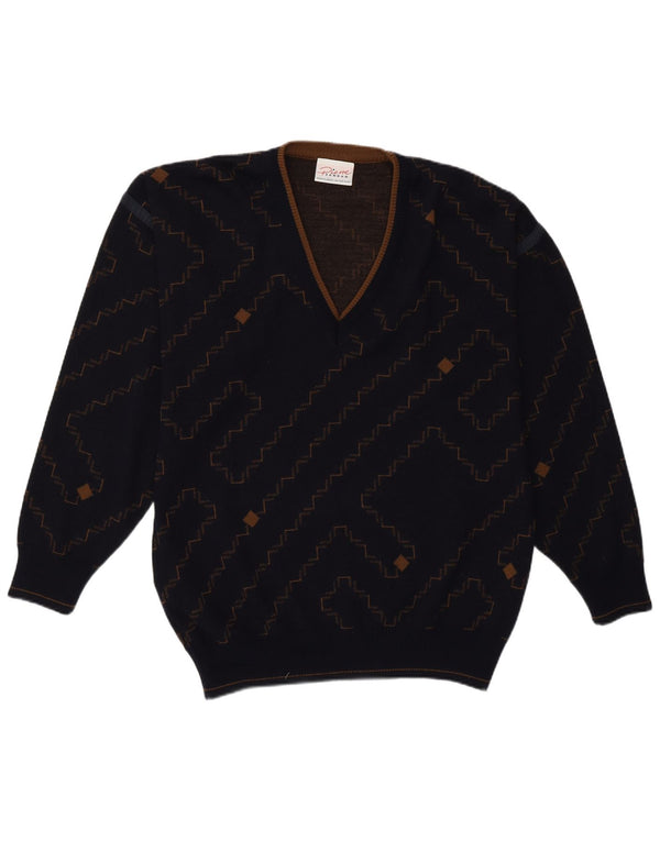 Pierre Sangan Herre V-hals sweater Stor Marineblå Geometrisk Ny Uld