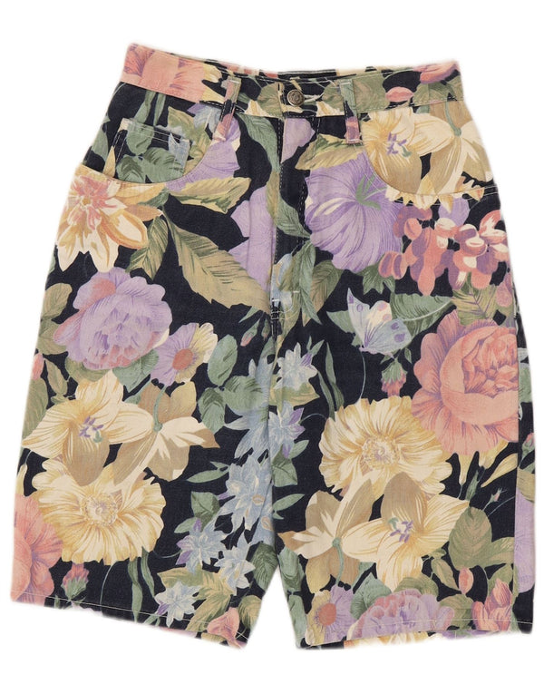 Vintage kvinders højtaljede denimshorts UK 10 Small W24 Multicolored Floral