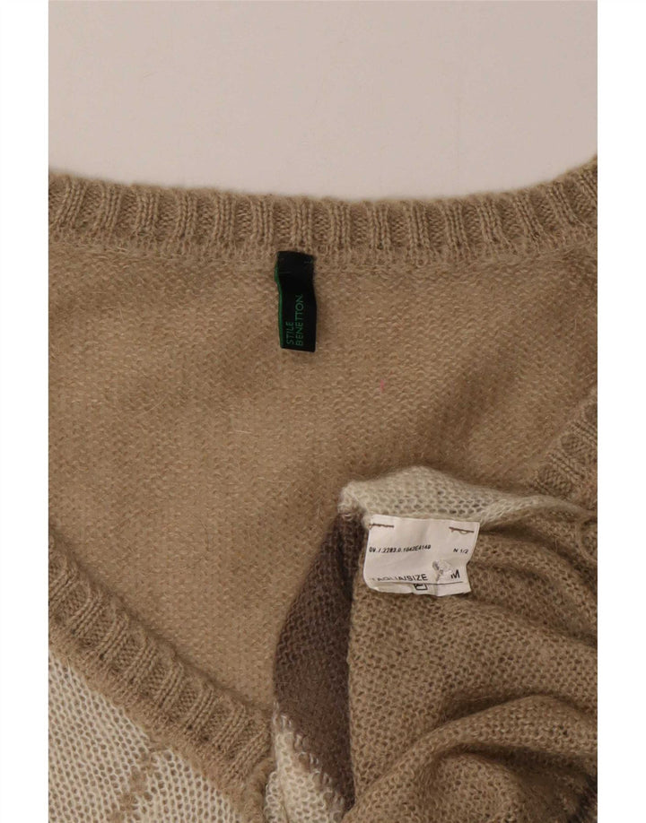 Benetton Dame V-hals sweater UK 14 Medium Beige Argyle/Diamond