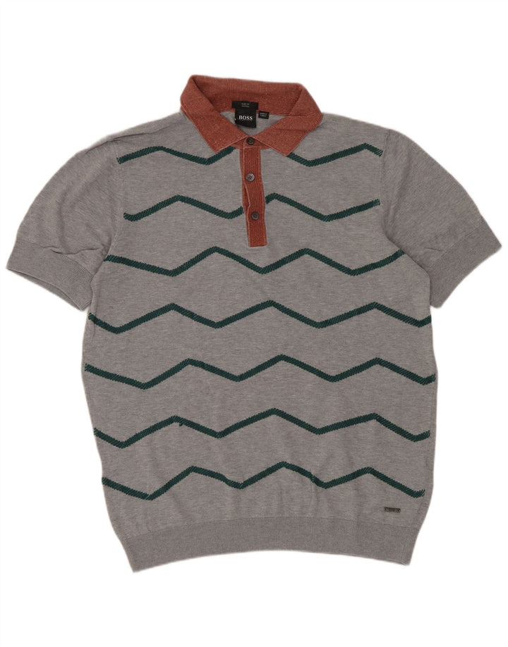 Hugo Boss Herre Kortærmet Polo Neck Jumper Sweater Medium Grå Chevron