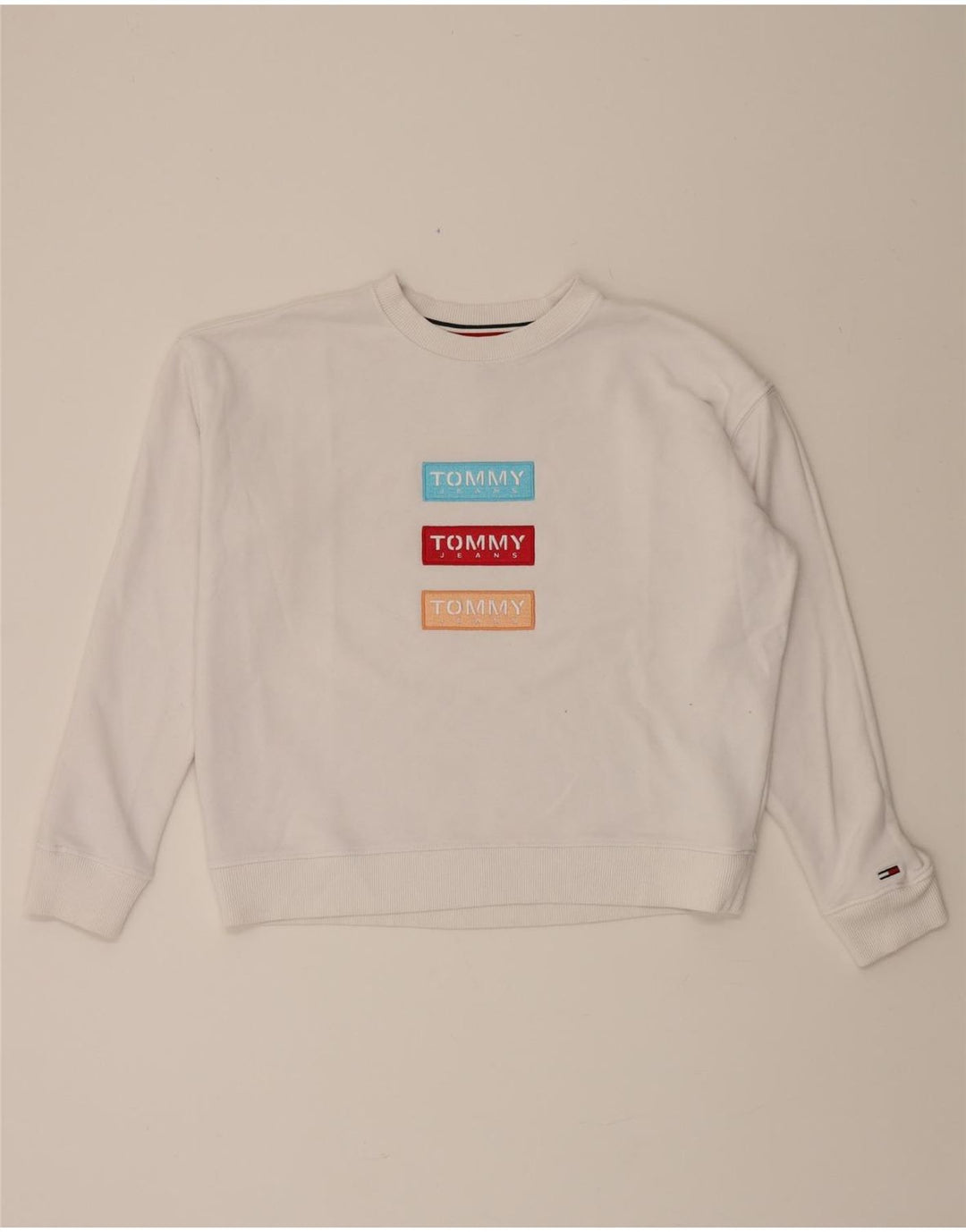 TOMMY HILFIGER Womens Graphic Sweatshirt Jumper UK 10 Small White Vintage Tommy Hilfiger and Second-Hand Tommy Hilfiger from Messina Hembry 