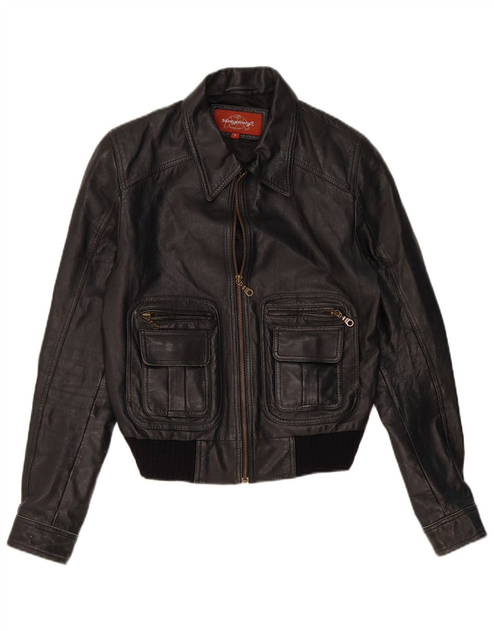 MONTGOMERY Womens Crop Læderjakke UK 14 Stort sort læder