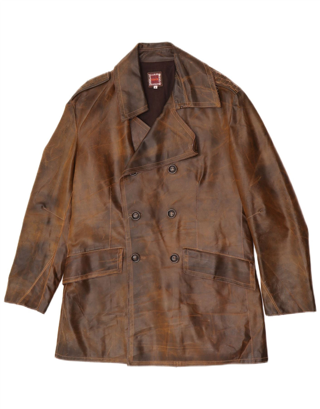 Sasch Herre læder dobbeltradet frakke UK 38 medium brunt læder