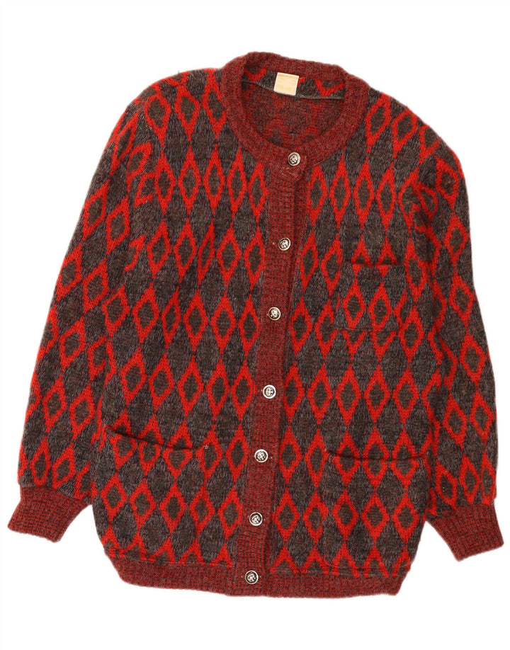 VINTAGE Dame oversized cardigan sweater UK 16 Stor rød geometrisk uld