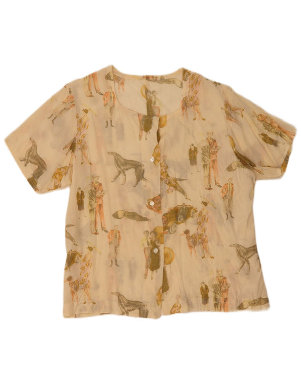 Vintage Womens Graphic Short Sleeve Shirt Blouse UK 16 Large Beige