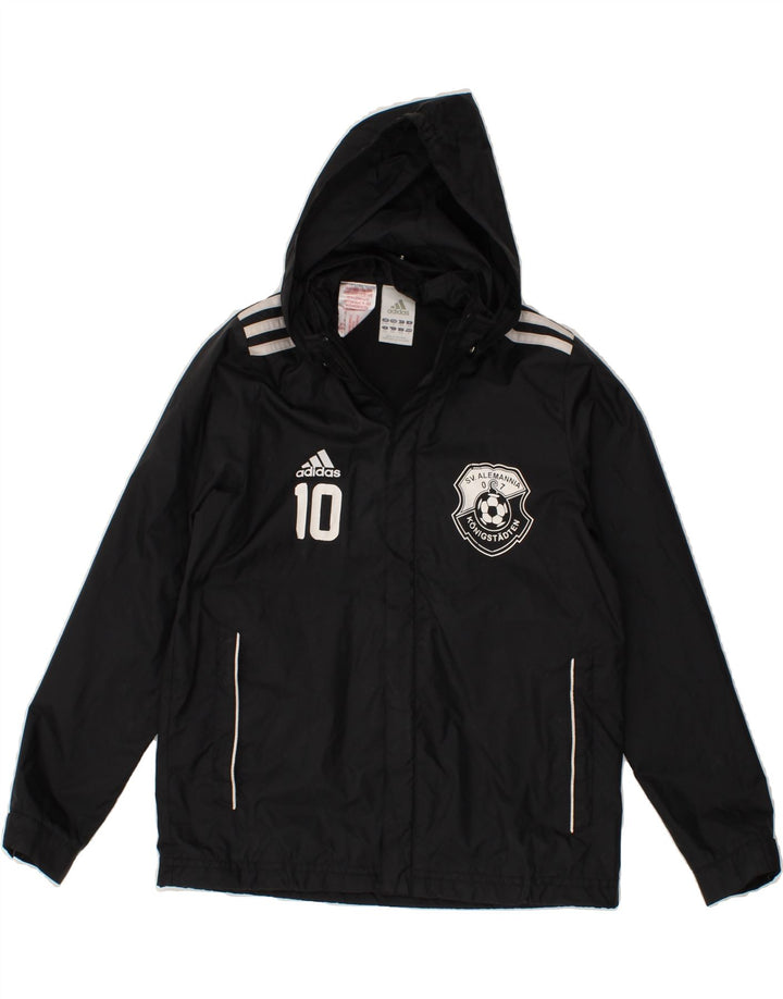 ADIDAS Boys Graphic Hooded Rain Jacket 9-10 Years Black Vintage Adidas and Second-Hand Adidas from Messina Hembry 