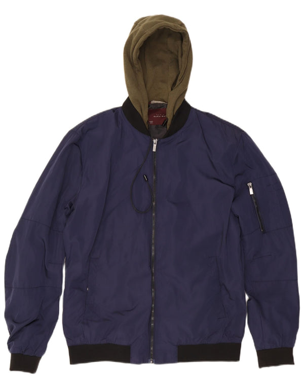 Zara Herre Hooded Bomber Jacket UK 40 Large Navy Blue Colourblock Polyester