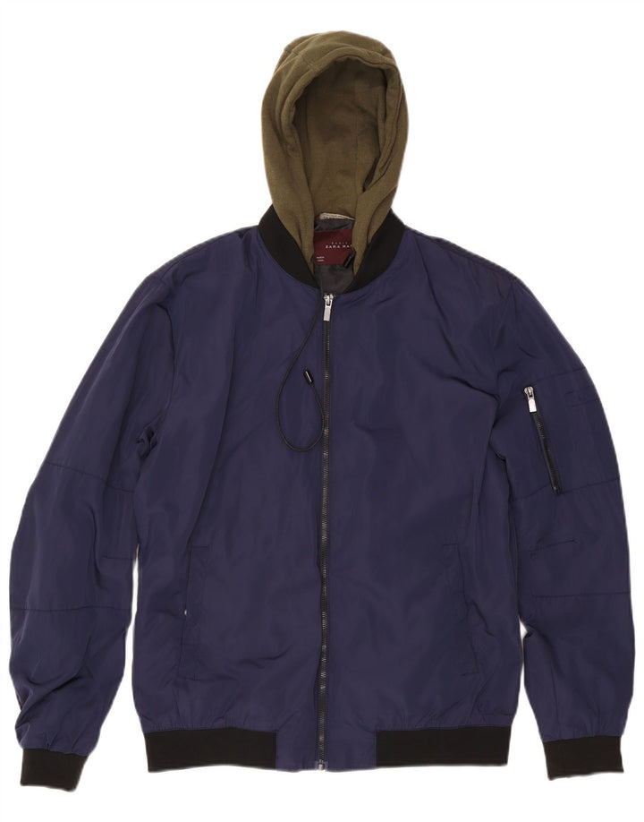 Zara Herre Hooded Bomber Jacket UK 40 Large Navy Blue Colourblock Polyester