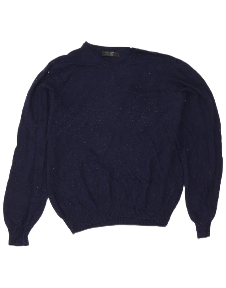Zara Herre Crew Neck trøje Sweater Large Navy Blue Viscose
