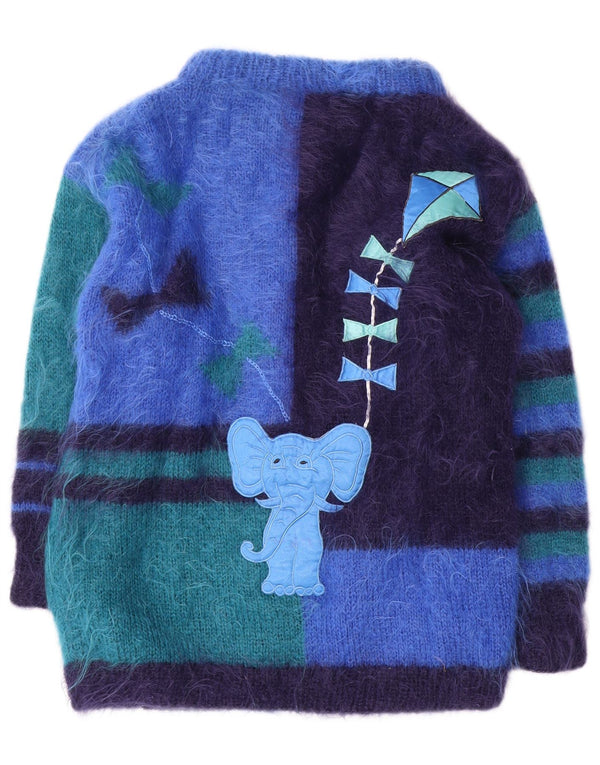 Vintage Kvinde grafisk cardigan sweater UK 16 Large Blue Colourblock