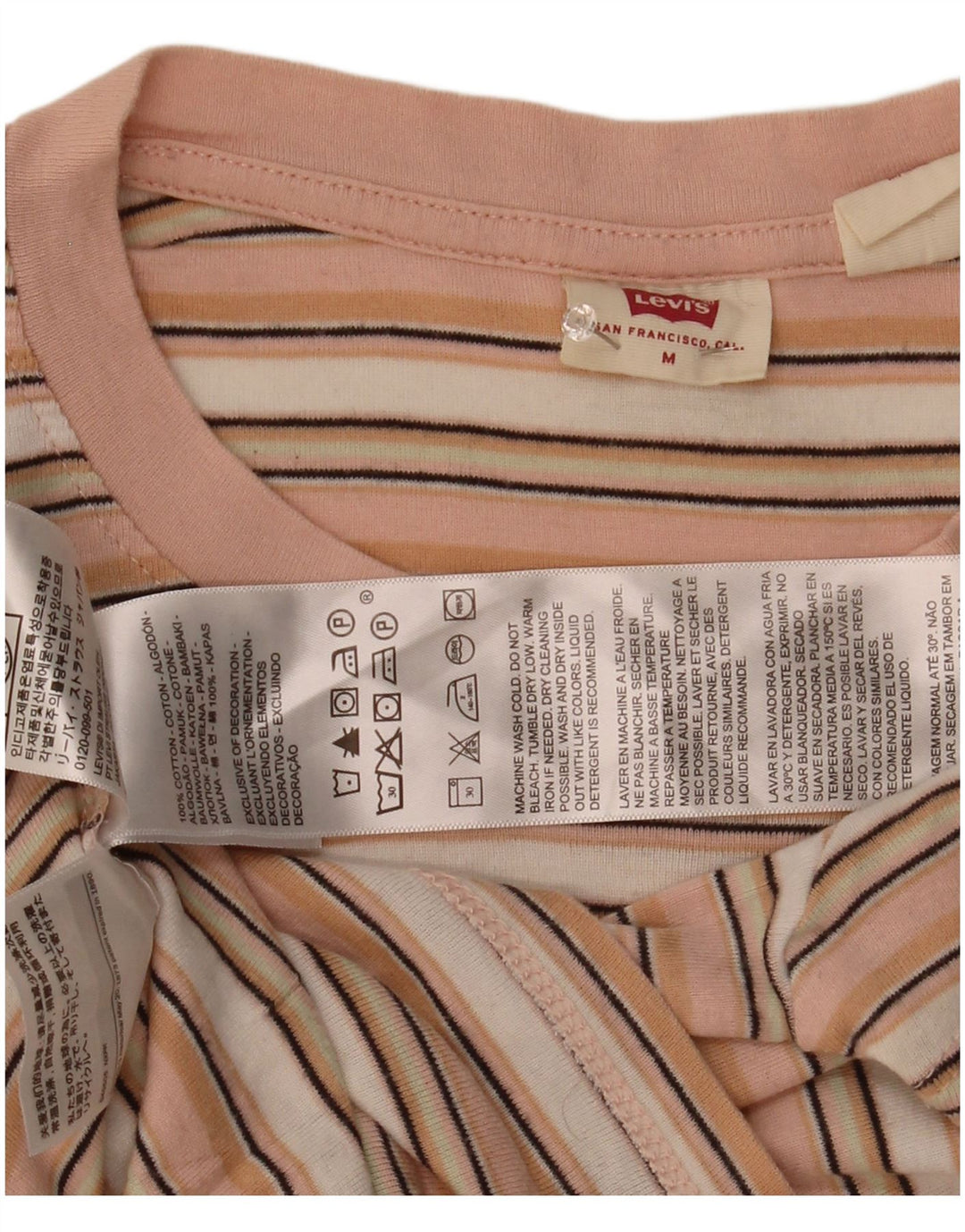 Levi's Dame T-Shirt Top UK 12 Medium Pink Stribet Bomuld