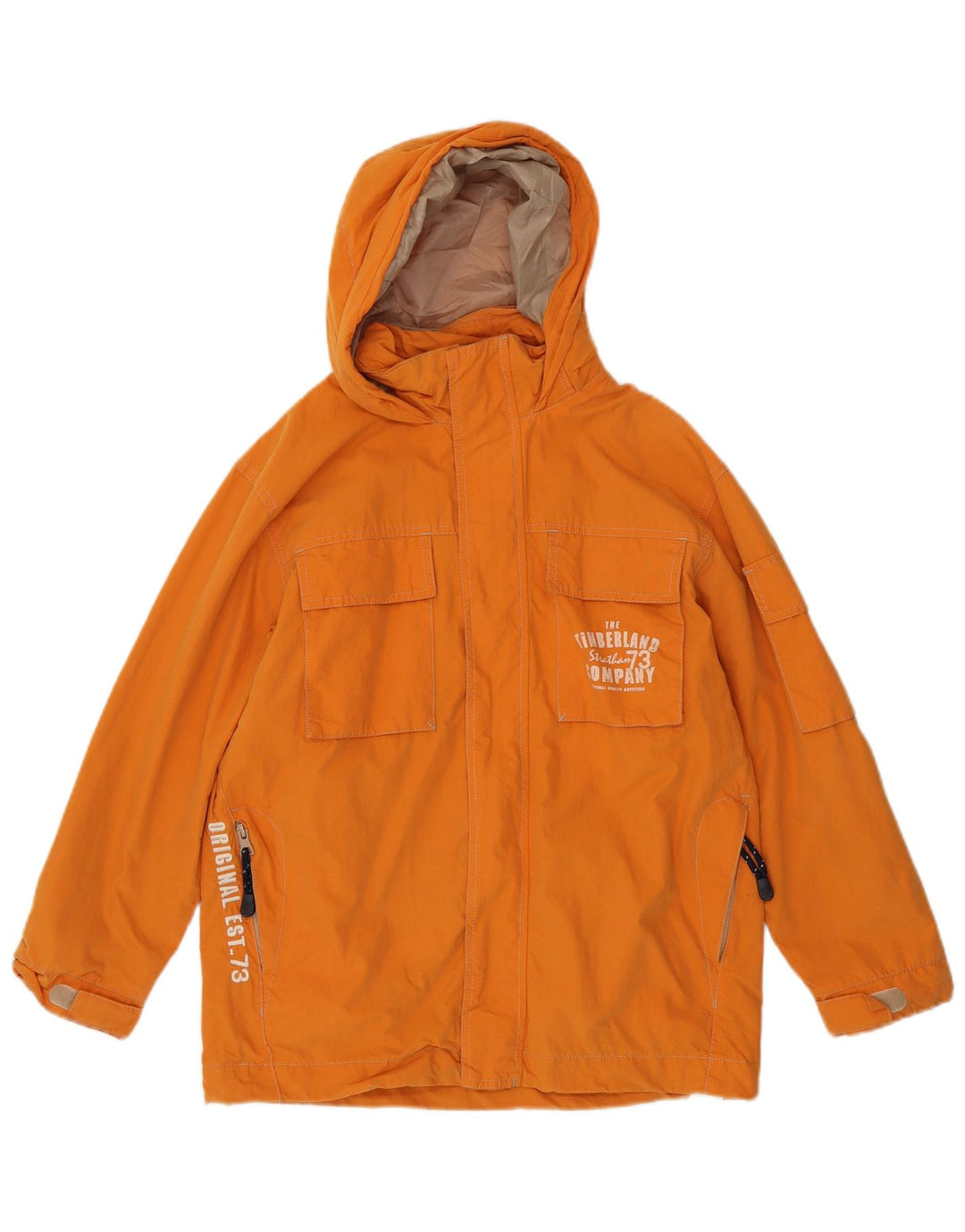TIMBERLAND Boys Graphic Hooded Utility Jacket 11-12 Years Orange Cotton Vintage Timberland and Second-Hand Timberland from Messina Hembry 