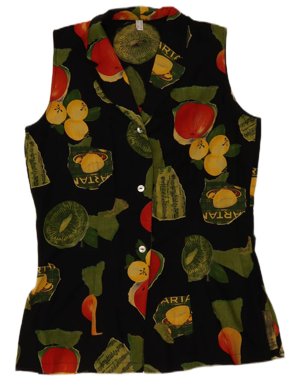 Vintage kvinders abstrakt mønster ærmeløs skjortebluse UK 14 Large Black