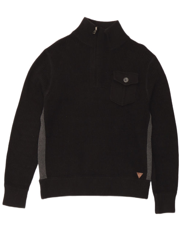 Guess Herre Zip Neck Jumper Sweater UK 36 Small Black Colourblock Bomuld